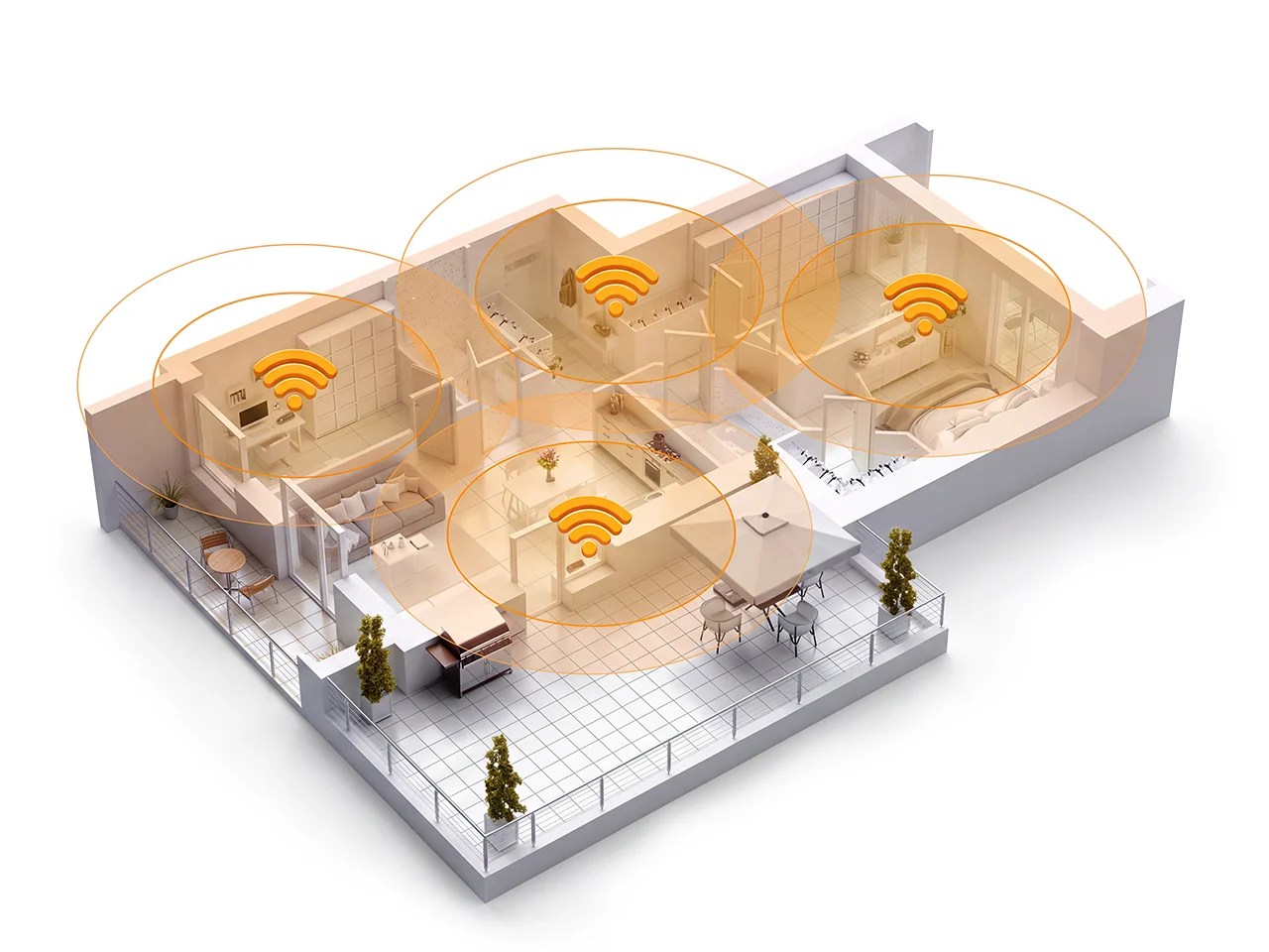Planta isométrica de uma casa com o sinal Wi-Fi do Velloz Mesh cobrindo todos os cômodos