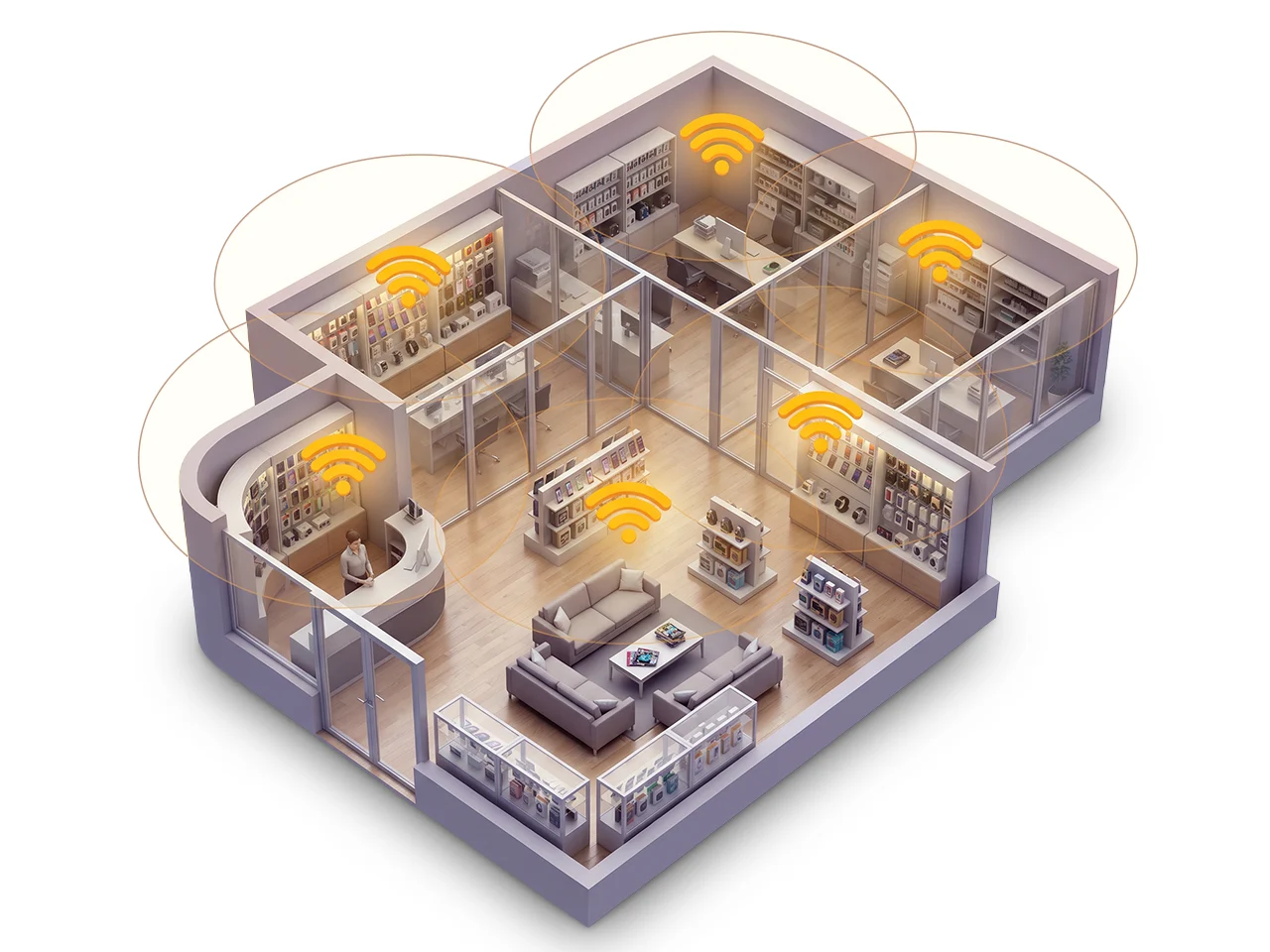Planta isométrica de uma loja com pontos de acesso Wi-Fi do Velloz Unifi em todos os ambientes