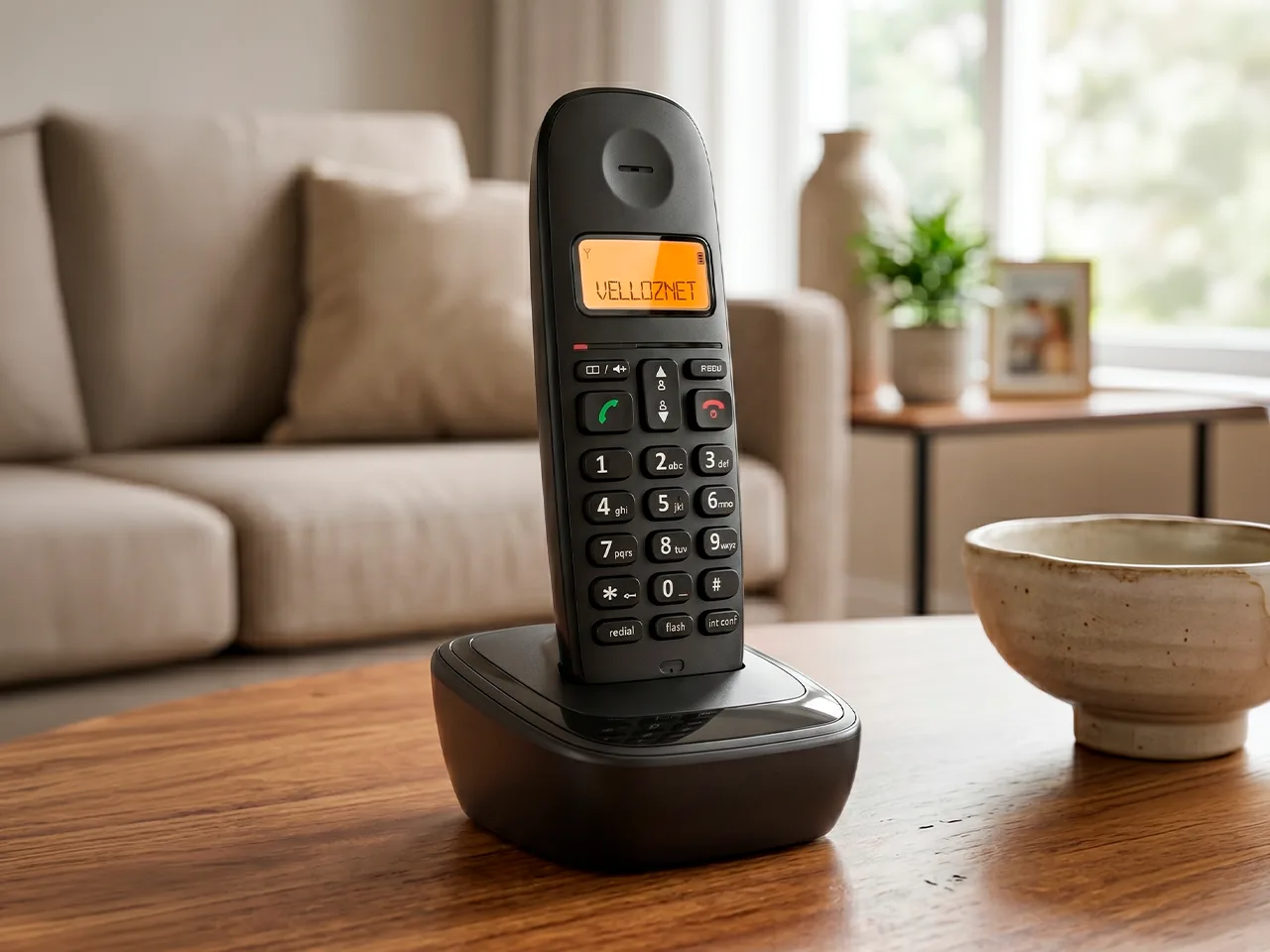 Telefone sem fio Velloz Fone sobre a mesa de uma sala