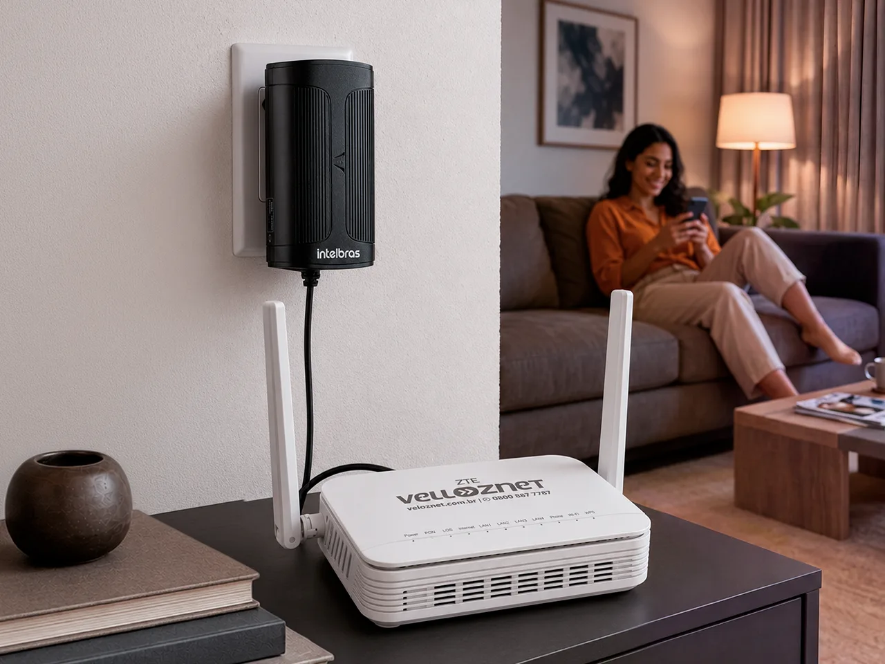 Nobreak Velloz Power ligado ao roteador em uma sala de estar